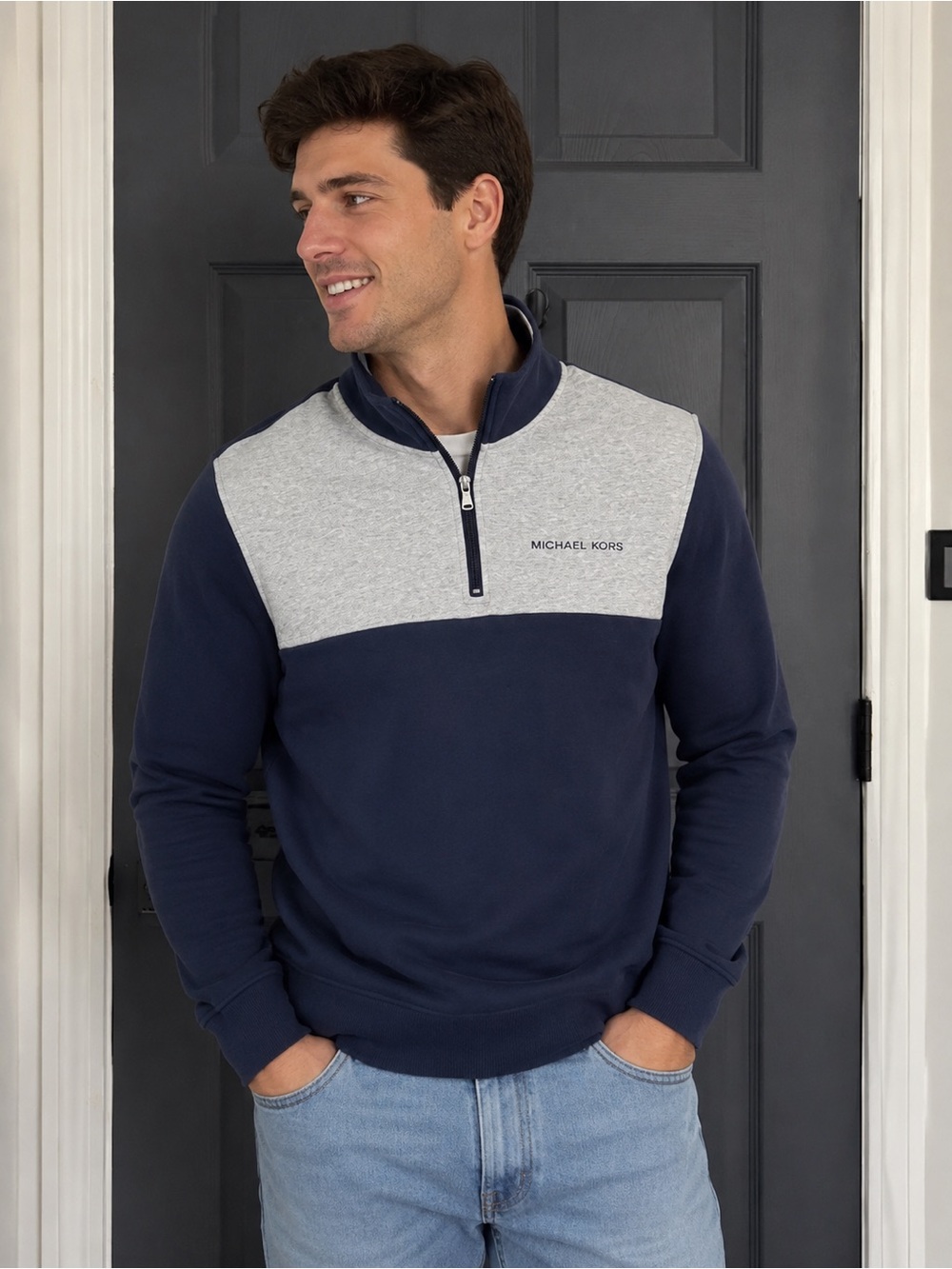 NWT Michael Kors Men’s Navy/Grey Colorblock Half-Zip Pullover - Size L